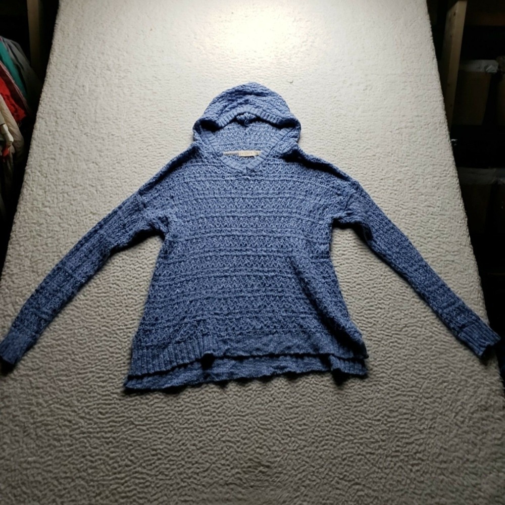 Paradise Shores Sweater Womens XL Blue V Neck Hooded Open Knit Pullover